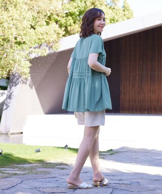 Tiaclasse 【洗える】バンドカラーティアードシャツチュニックブラウス ミント