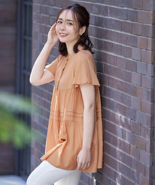 Tiaclasse 【洗える】バンドカラーティアードシャツチュニックブラウス オレンジ