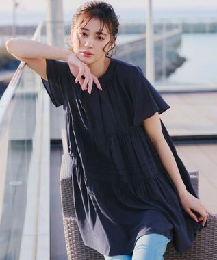 Tiaclasse 【洗える】バンドカラーティアードシャツチュニックブラウス ネイビー