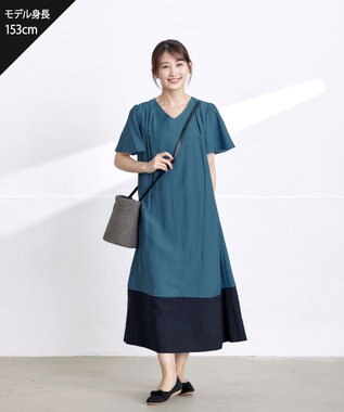 Tiaclasse L 【洗える】 配色Aラインサックワンピース ターコイズ