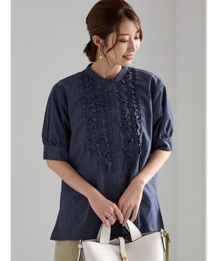Te chichi フロントフリル5分袖ブラウス ネイビー