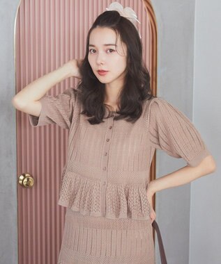 earth music&ecology ＳＥＴ２点レース編みペプラムカーデ＋スカート Pink Beige