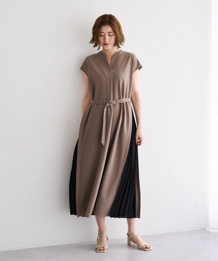 YECCA VECCA ベルテッドプリーツ切替ワンピース Mocha