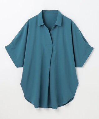 ANY 【新色追加】スキッパーネック袖タックブラウス ターコイズ