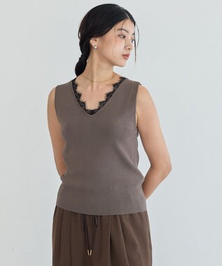 YECCA VECCA 【マシンウォッシャブル】レースニットアンサンブル Brown