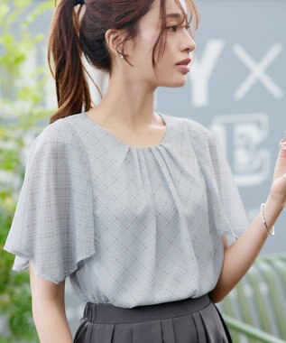 Tiaclasse 【洗える】チェック柄ハンカチスリーブブラウス