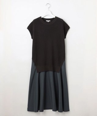 自由区 L 【カタログ掲載・洗える】ハイツイストコットンアセテート異素材コンビ ワンピース ブラウンxネイビー