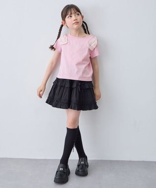 ANY KIDS 【綿100%】肩リボン×ラインストーンロゴ 半袖Tシャツ ピンク