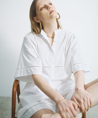 #Newans 【洗える/セットアップ可能】ハシゴレースビブデザインシャツ ホワイト