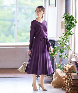 Tiaclasse L 【洗える】1枚で着映えするチェック柄編みニットワンピース パープル