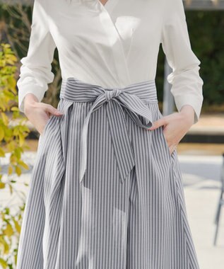 Tiaclasse カシュクールシャツワンピース オフホワイトグレーストライプ