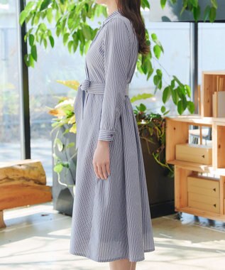 Tiaclasse カシュクールシャツワンピース ネイビーストライプ