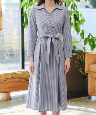 Tiaclasse カシュクールシャツワンピース ネイビーストライプ