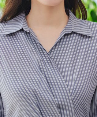 Tiaclasse カシュクールシャツワンピース ネイビーストライプ