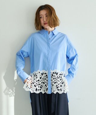 YECCA VECCA レースヘムロングシャツ Stripe