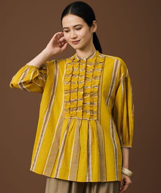 自由区 【着映える・涼やか】コットンストライププリントフリル ブラウス イエローストライプ