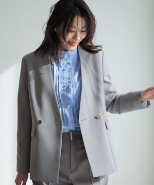 ANY SIS S 褒めらレディストレッチ カラーレス ジャケット グレーシャンブレー