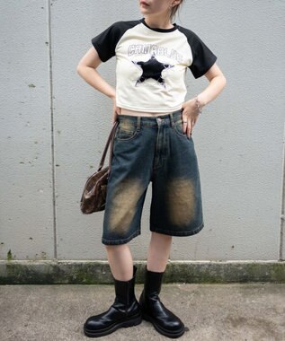 WEGO 【新色追加】ヴィンテージウォッシュデニムハーフパンツ デニム濃加工色