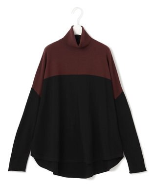ICB L 【洗える】 ヴィスコースワイド タートルネックプルオーバー  バーガンディ×ブラック系