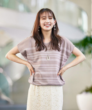 Tiaclasse 【洗える】マルチボーダーフレンチスリーブニット ピンク×ライトピンク