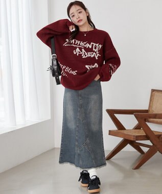 WEGO フラッフィーグラフィックBIGニットプルオーバー ワイン