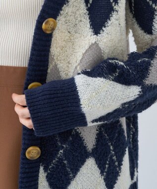 earth music&ecology ループ編みアーガイルカーディガン Navy