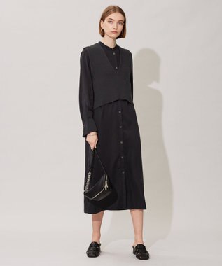 ICB 【洗える】 ルゼブフィブリルサテン シャツワンピース チャコール系
