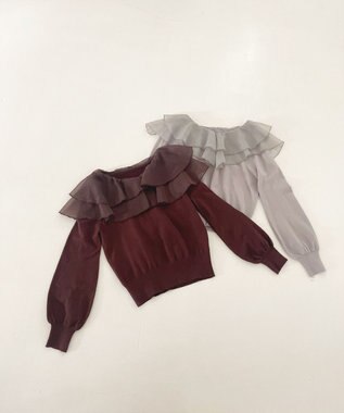 Feroux 【洗える】ラッフルコンビ ニット ダークブラウン系