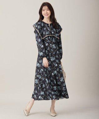 ANY SIS L 【洗える】スカーフデザインプリント ワンピース ネイビーベース