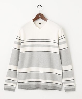 JOSEPH ABBOUD 【滑らかな肌触り】パネルボーダーVネックニット ライトグレー系2