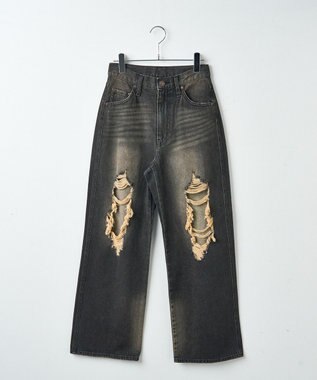 WEGO ヴィンテージウォッシュダメージデニムパンツ ブラック中濃色