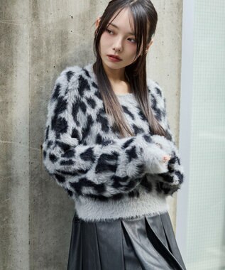 WEGO レオパードシャギーショートニット グレー