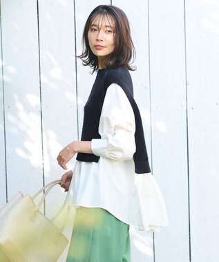 ANY 【洗濯機可・前後差あり】レイヤードブラウスニット ネイビー