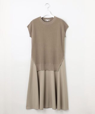 自由区 L 【カタログ掲載・洗える】ハイツイストコットンアセテート異素材コンビ ワンピース ダークサンドxサンド