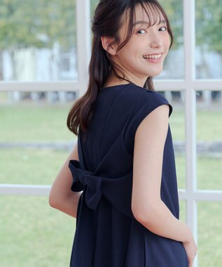 Tiaclasse L 【2WAY・洗える】ウエストリボンフレンチスリーブマキシワンピース ネイビー