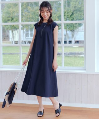 Tiaclasse L 【2WAY・洗える】ウエストリボンフレンチスリーブマキシワンピース ネイビー