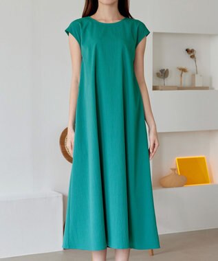 Tiaclasse L 【2WAY・洗える】ウエストリボンフレンチスリーブマキシワンピース グリーン