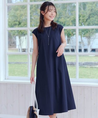 Tiaclasse L 【2WAY・洗える】ウエストリボンフレンチスリーブマキシワンピース ネイビー