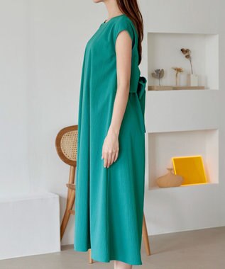 Tiaclasse L 【2WAY・洗える】ウエストリボンフレンチスリーブマキシワンピース グリーン
