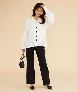 Feroux 【洗える】美シルエットストレッチセミフレア パンツ ブラック系