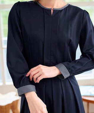 Tiaclasse L 【セレモニー・XSサイズ(5号)追加・新色追加・洗える】キーネックフレアワンピース ネイビー×グレー