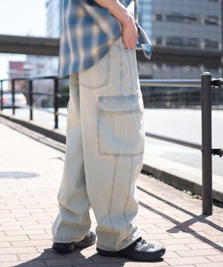 WEGO 【SMLサイズ展開/ウエスト紐】イージー3Dバレルレッグデニムカーゴパンツ デニム淡色
