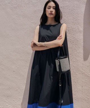 ICB L 【洗える】RENUソフトタイプライター ノースリーブワンピース ブラック×ブルー系