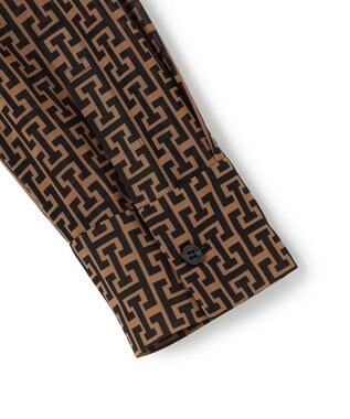 ICB 【30th ANNIVERSARY】 モノグラムプリントシフォン バンドカラーブラウス キャメル×ブラック系