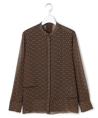 ICB 【30th ANNIVERSARY】 モノグラムプリントシフォン バンドカラーブラウス キャメル×ブラック系