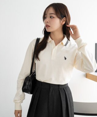 WEGO 【25年秋冬新作/ユニセックスITEM/SMLサイズ展開】別注USPOLOラインポロシャツ（長袖） ホワイトアイボリー