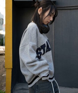 WEGO VネックグラフィックニットBIGプルオーバー 杢グレー