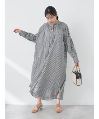 earth music&ecology コットンボイルギャザーワンピース Check Black