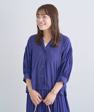 Green Parks 接触冷感シルキータッチローンオープンカラーシャツ Blue