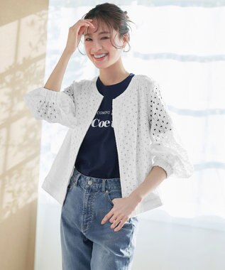 Tiaclasse L 【洗える】パンチングレースブルゾン オフホワイト